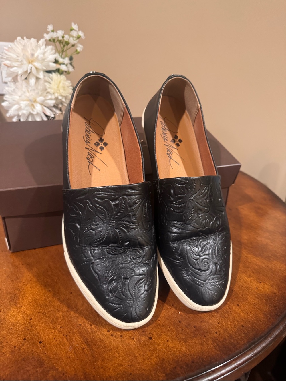 Patricia Nash Black Embossed Leather Slip-On Flats